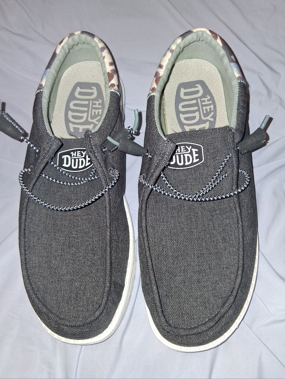 NWOT Hey Dude Charcoal Canvas Slip-On Shoes with White Sole-Tie Dye Accent
